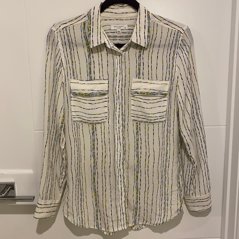 Like New, Equipment Slim Signature Silk Blouse In Bright White Multi Stripe